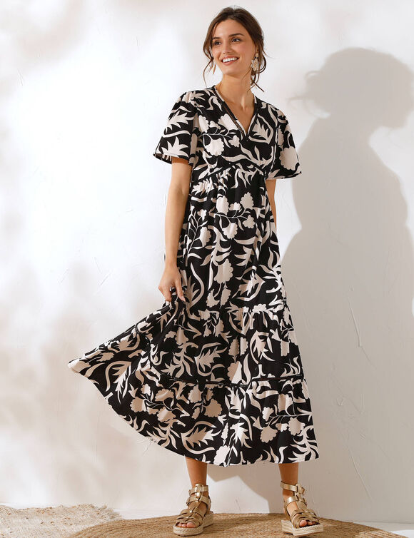 Robe longue imprimée coton, détails jour échelle (noir / grège)