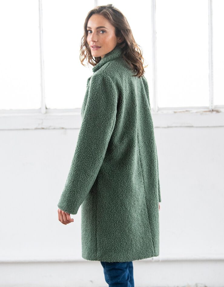 Manteau maille bouclette col tailleur (vert grisé)
