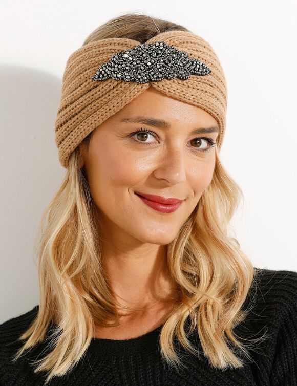 Headband en maille avec bijou (beige)
