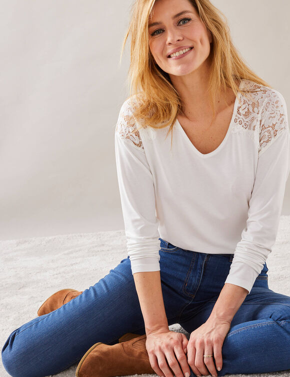 T-shirt col V manches longues dentelle (blanc)