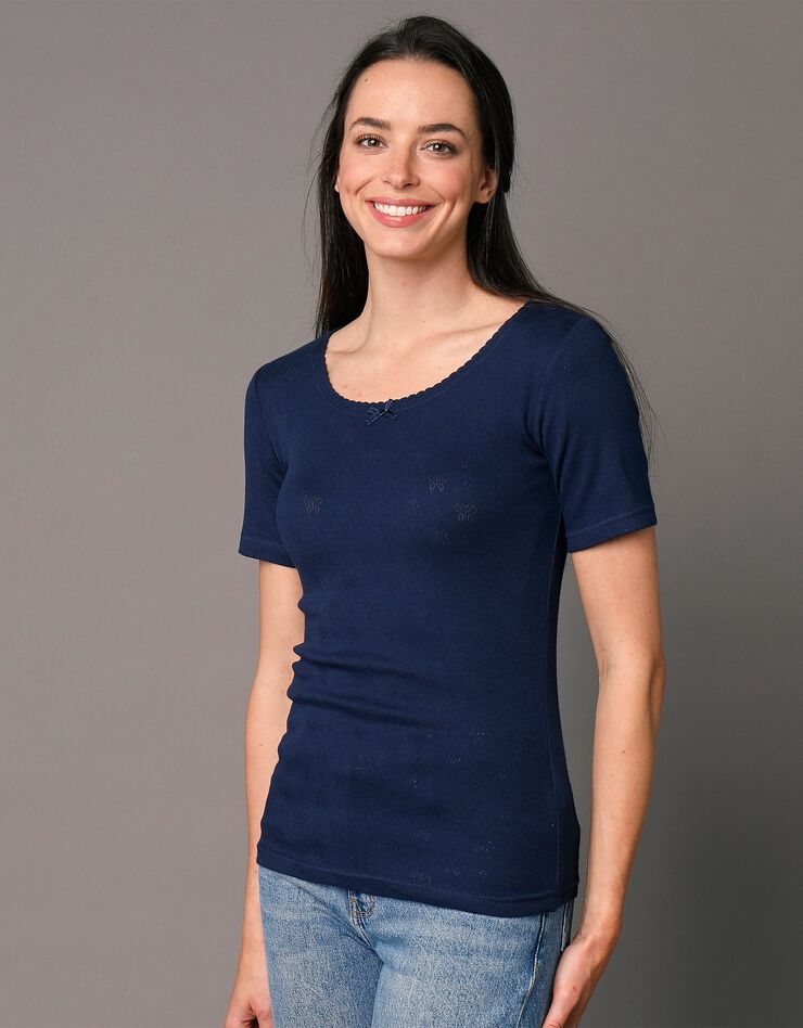 Tee-shirt manches courtes maille jacquard - lot de 2 (écru + marine) Tee-shirt manches courtes maille jacquard - lot de 2 (écru + marine)