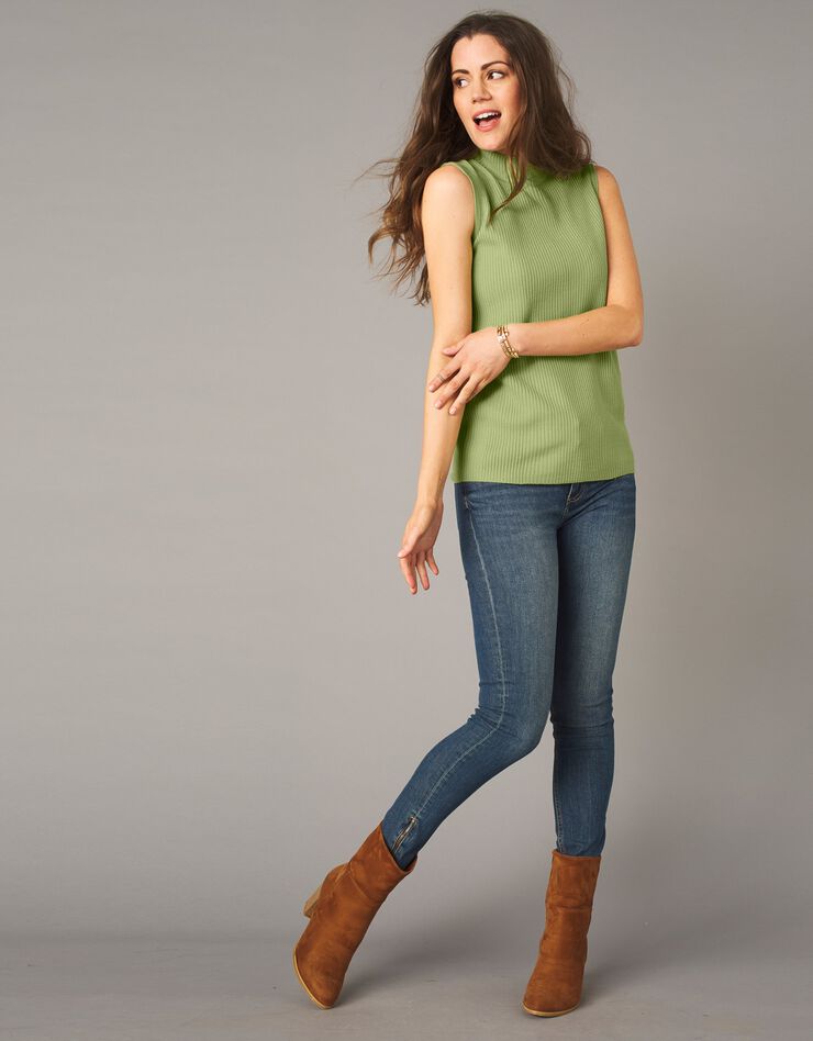 Pull sans manches maille côtelée (vert amande) Pull sans manches maille côtelée (vert amande)