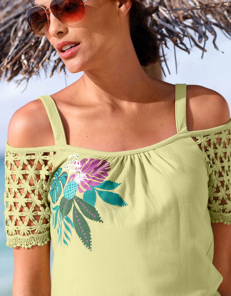 Tee-shirt macramé épaules dénudées (tilleul) Tee-shirt macramé épaules dénudées (tilleul)