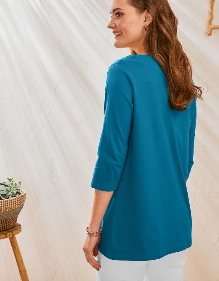 Tee-shirt manches 3/4 col rond uni coton (bleu paon) Tee-shirt manches 3/4 col rond uni coton (bleu paon)