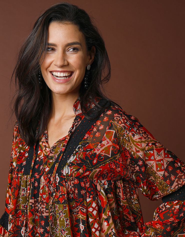 Blouse voile imprimé et macramé (noir / tomette) Blouse voile imprimé et macramé (noir / tomette)