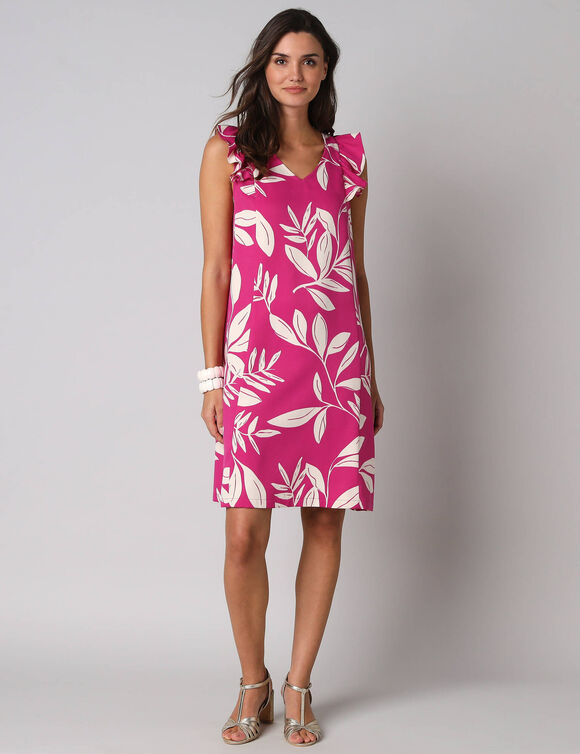 Robe courte col V imprim&eacute; feuillage, &agrave; mancherons volant&eacute;s (rose / &eacute;cru)