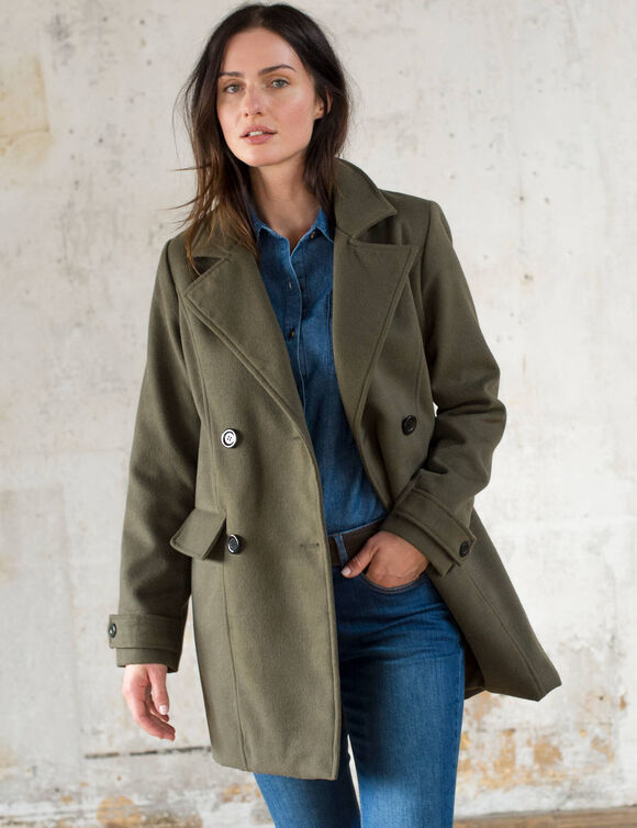 Manteau caban boutonn&eacute; uni (kaki)