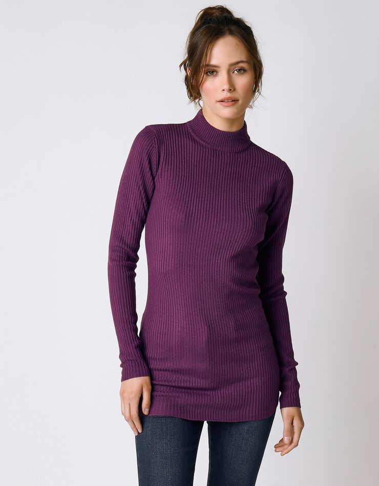 Pull col montant long, maille côtelée (violet) Pull col montant long, maille côtelée (violet)
