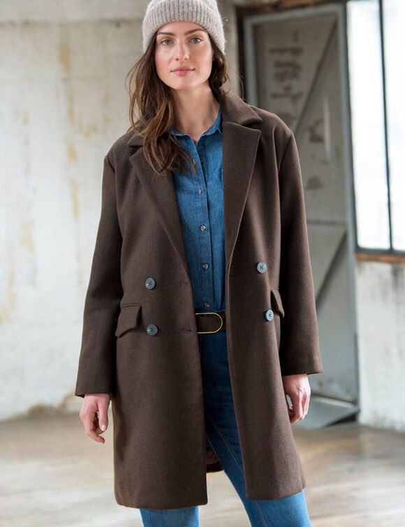 Manteau mi-long &agrave; col tailleur, boutonnage crois&eacute; (chocolat)