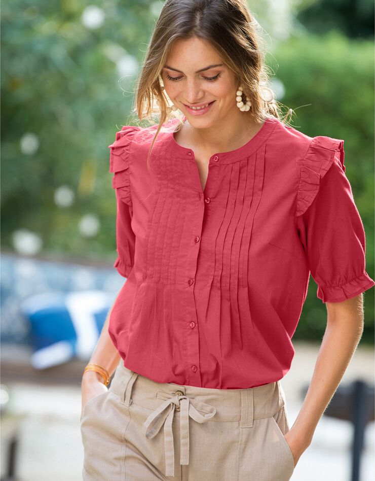 Blouse boutonnée volantée col tunisien unie (paprika) Blouse boutonnée volantée col tunisien unie (paprika)