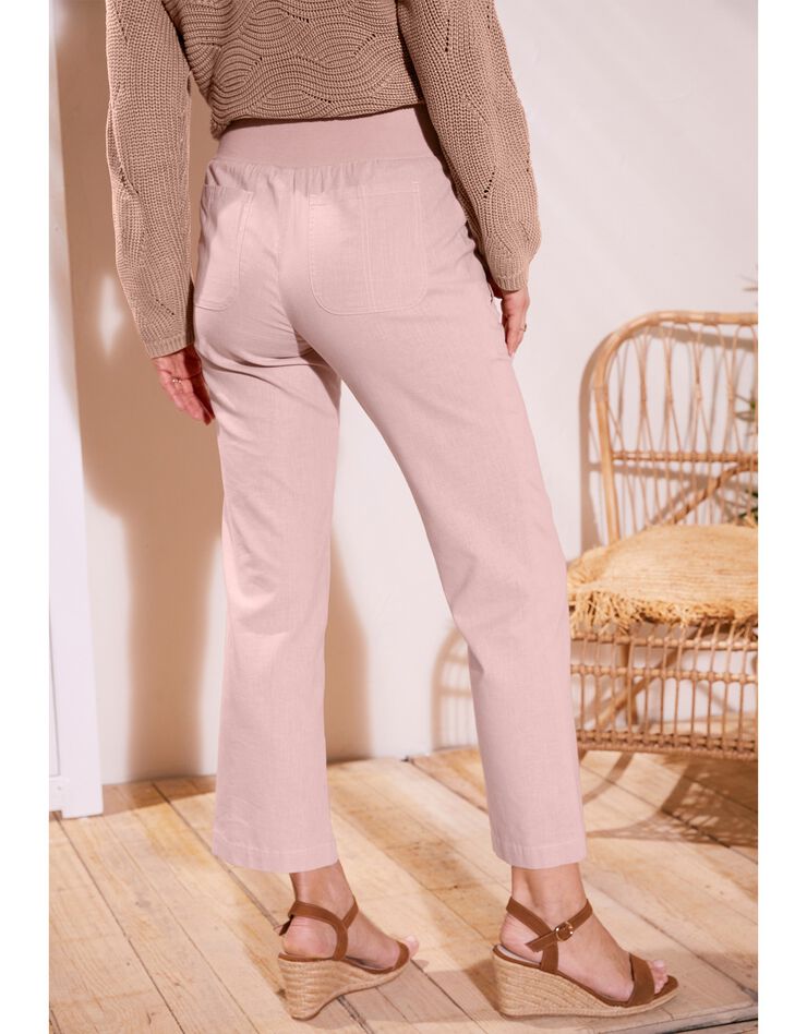Pantalon coupe droite 7/8ème taille élastiquée, lin coton (rose poudré) Pantalon coupe droite 7/8ème taille élastiquée, lin coton (rose poudré)
