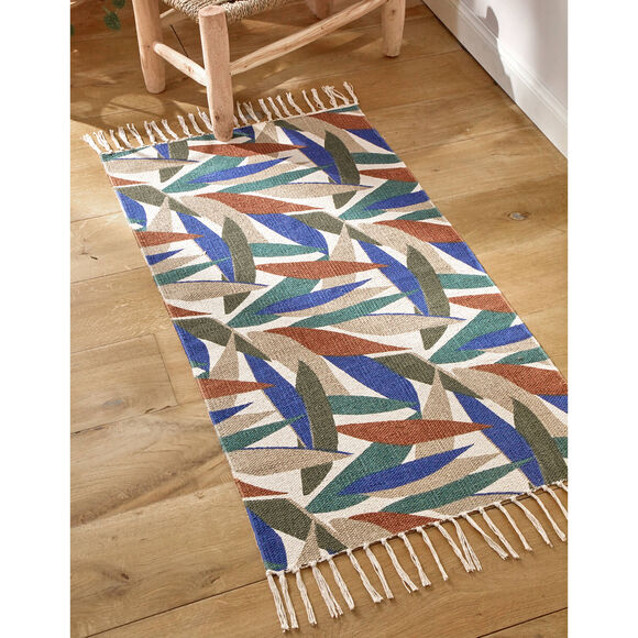Tapis tissé petit format imprimé jungle - rectangulaire (écru / bleu)