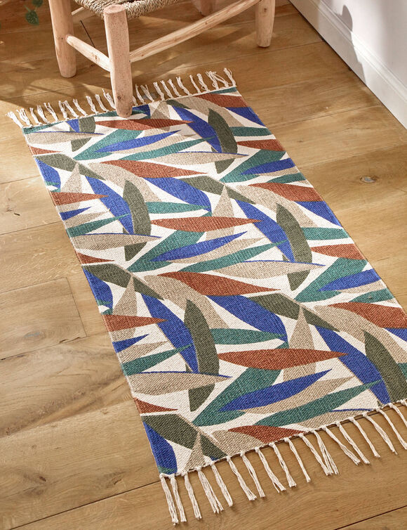 Tapis tissé petit format imprimé jungle - rectangulaire (écru / bleu)