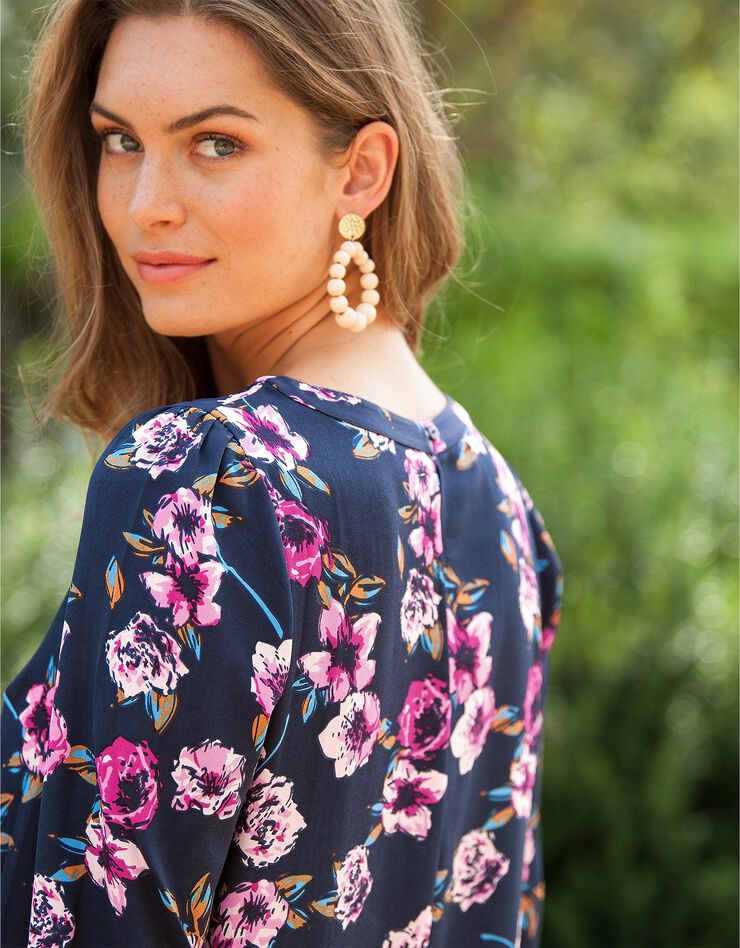 Robe housse imprimé fleurs, crêpe (indigo / fuchsia) Robe housse imprimé fleurs, crêpe (indigo / fuchsia)