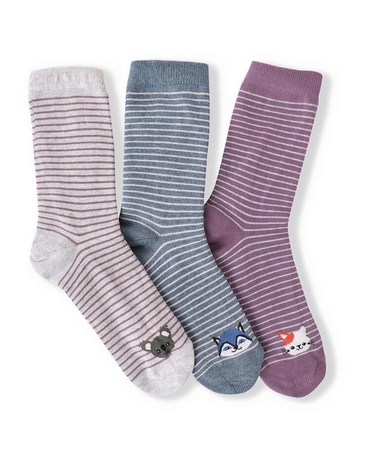 Chaussettes rayées fantaisie à motifs animaux - lot de 3 (gris + bleu + mauve) Chaussettes rayées fantaisie à motifs animaux - lot de 3 (gris + bleu + mauve)