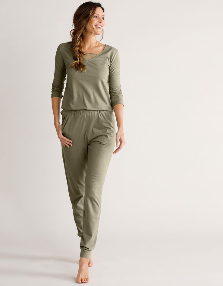 Tee-shirt col plumetis manches longues (vert olive) Tee-shirt col plumetis manches longues (vert olive)