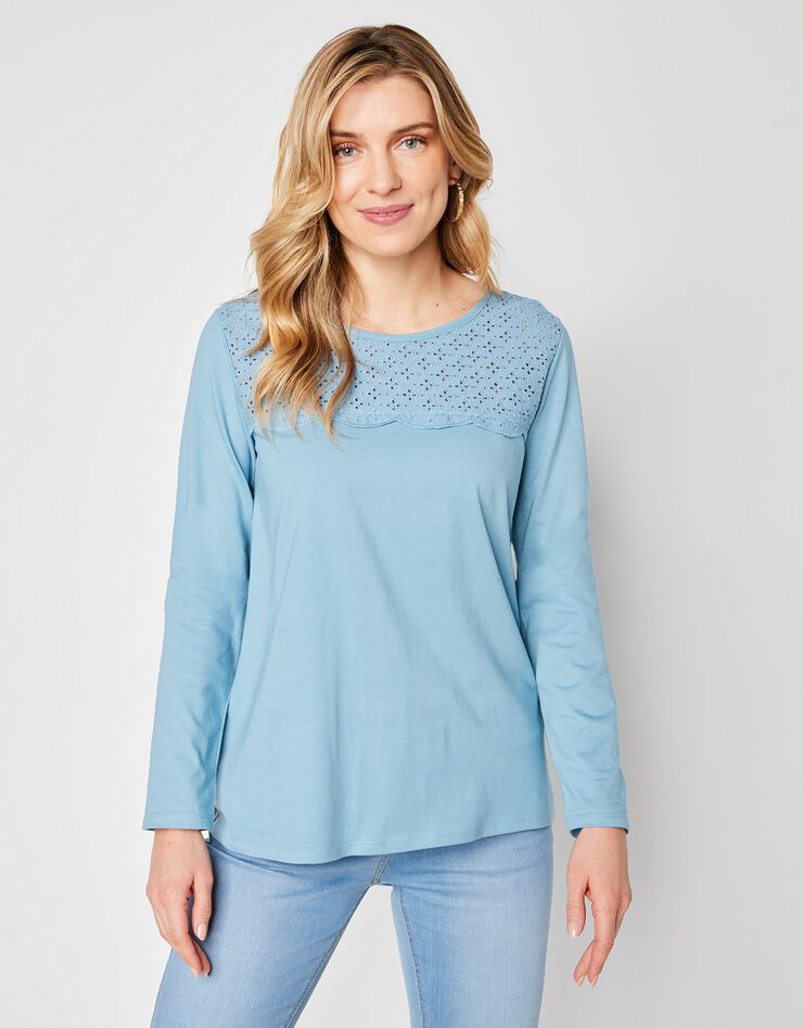 Tee-shirt manches longues, empiècement broderie anglaise (bleu grisé) Tee-shirt manches longues, empiècement broderie anglaise (bleu grisé)