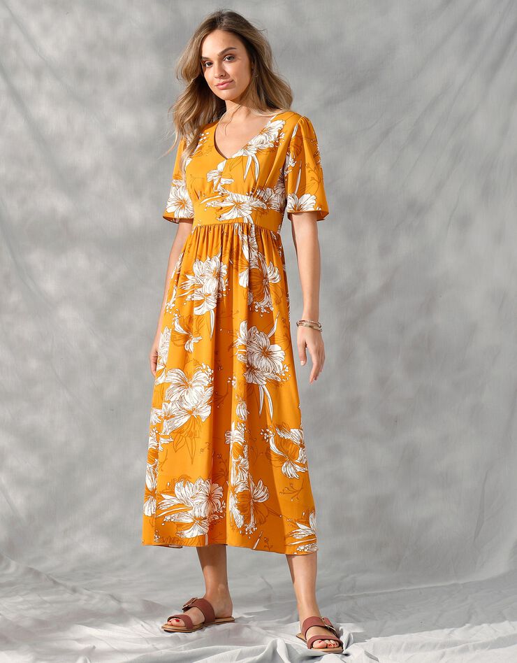 Robe longue imprimée, manches évasées  (safran / blanc)