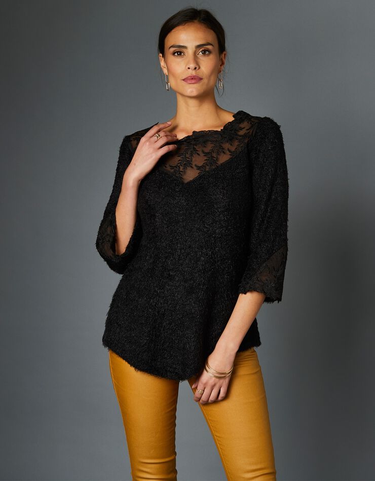 Pull maille douceur dentelle manches 3/4 (noir) Pull maille douceur dentelle manches 3/4 (noir)