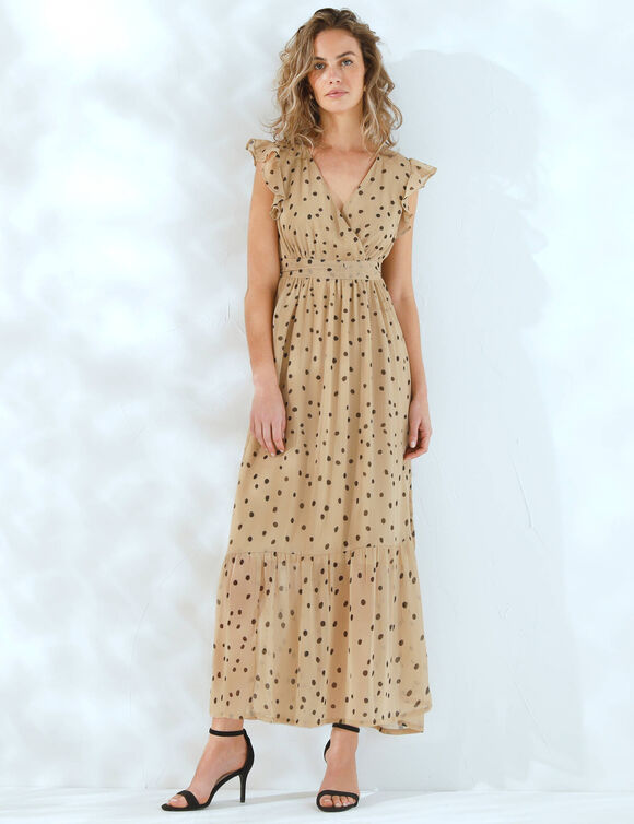 Robe longue cache-coeur sans manches voile imprimé (beige / noir)