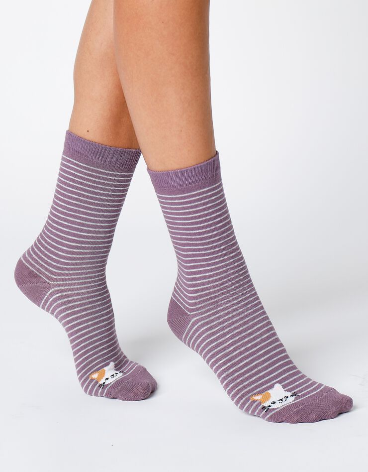 Chaussettes rayées fantaisie à motifs animaux - lot de 3 (gris + bleu + mauve) Chaussettes rayées fantaisie à motifs animaux - lot de 3 (gris + bleu + mauve)