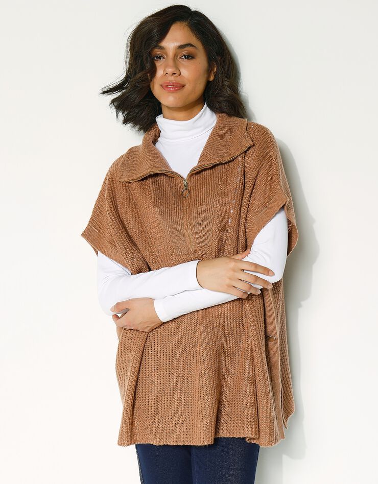 Pull poncho zippé manches courtes (noisette) Pull poncho zippé manches courtes (noisette)