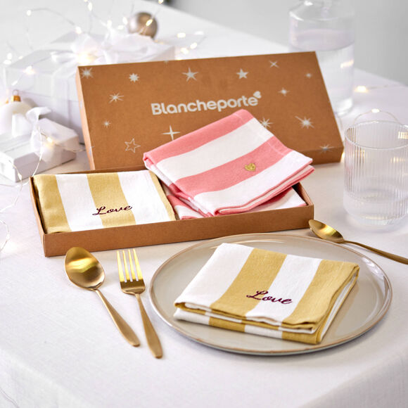 Coffret de 4 serviettes de table en coton, brodées (rose + jaune)