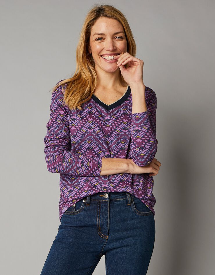 Tee-shirt col V imprimé zigzag (parme) Tee-shirt col V imprimé zigzag (parme)