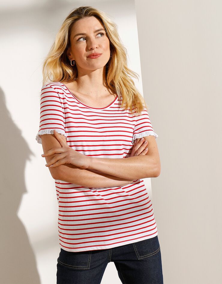Tee-shirt rayé brodé dos noué (blanc / rouge) Tee-shirt rayé brodé dos noué (blanc / rouge)