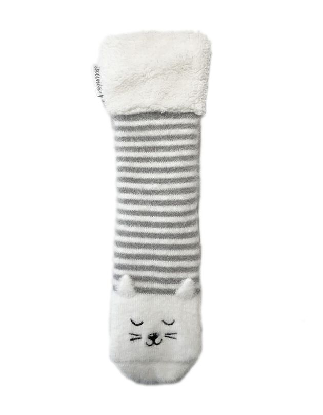 Chaussettes chaussons maille peluche entièrement fourrées (écru / gris)