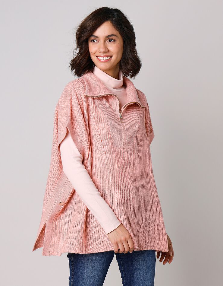 Pull poncho zippé manches courtes fentes boutonnées (rose poudré) Pull poncho zippé manches courtes fentes boutonnées (rose poudré)