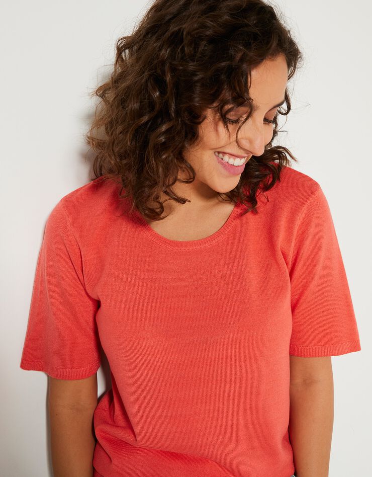 Pull uni manches courtes toucher cachemire (corail) Pull uni manches courtes toucher cachemire (corail)