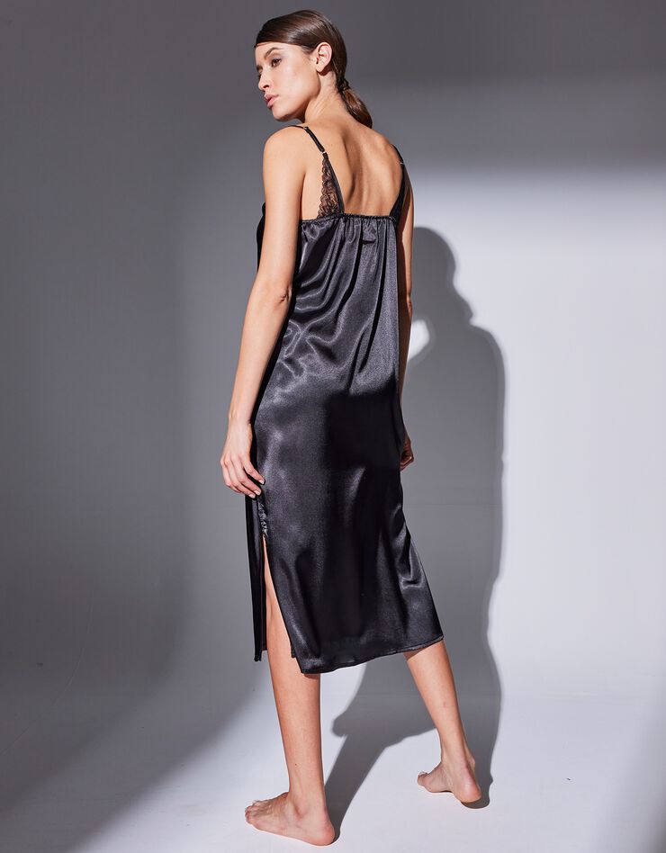 Nuisette longue satin et dentelle - col bénitier (noir)