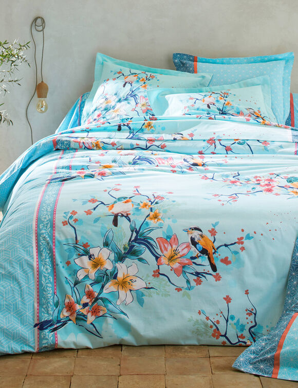 Linge de lit Birdy en coton imprim&eacute; oiseaux (lagon)