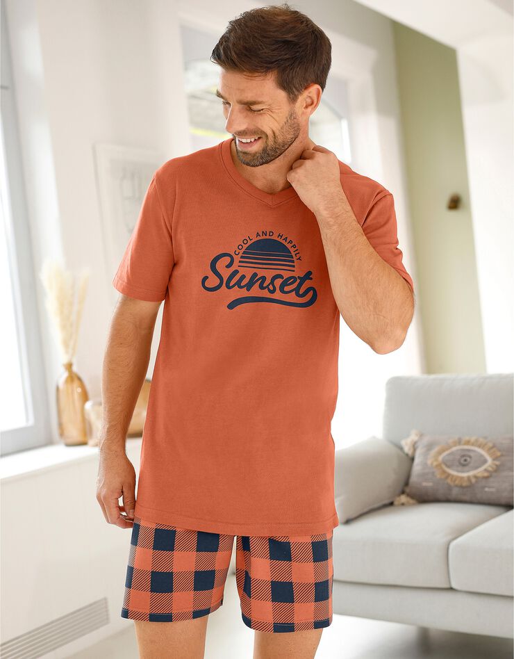 Pyjashort coton carreaux manches courtes (abricot) Pyjashort coton carreaux manches courtes (abricot)