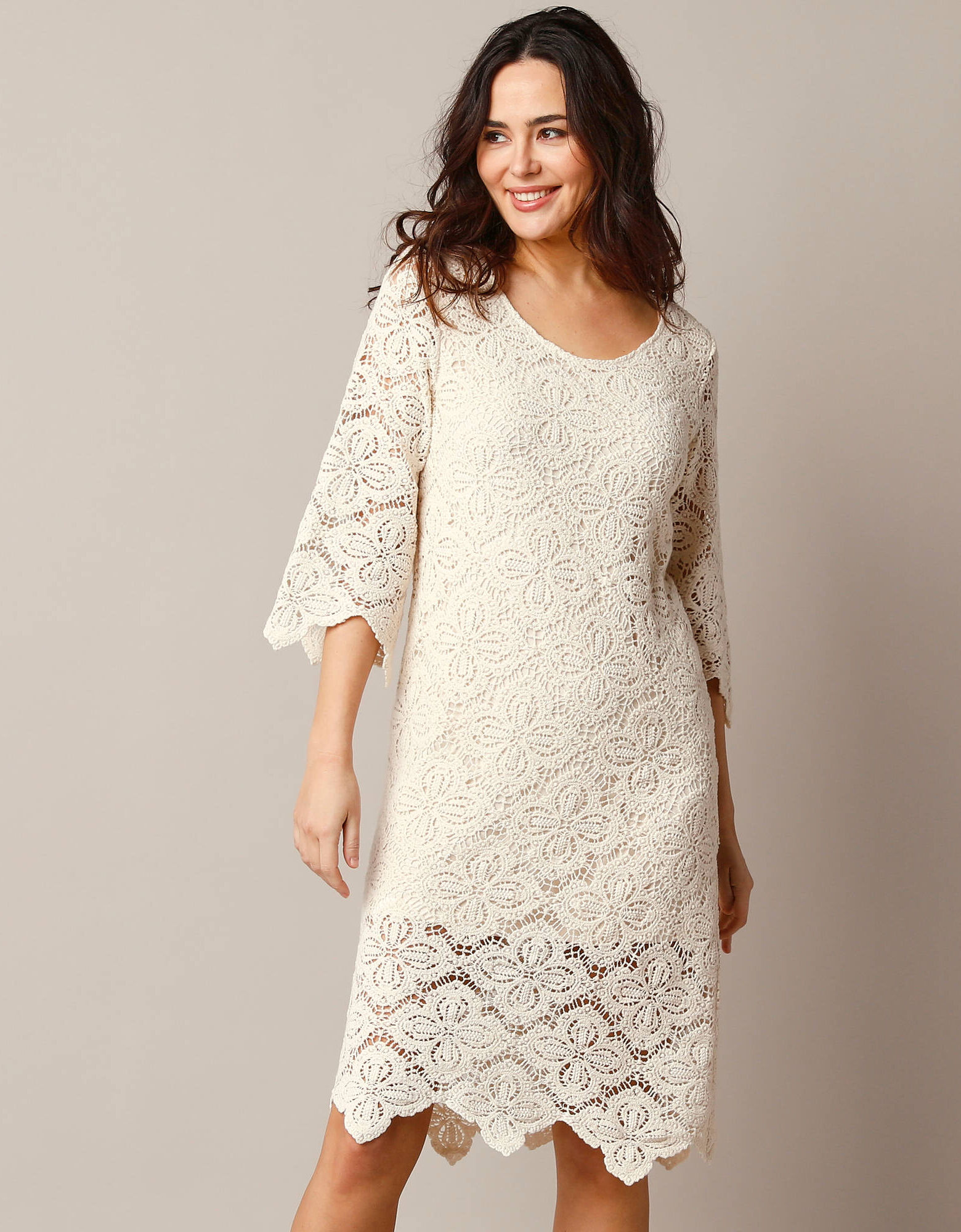 Robe courte macram?�, manches 3/4, ?�cru | Blancheporte