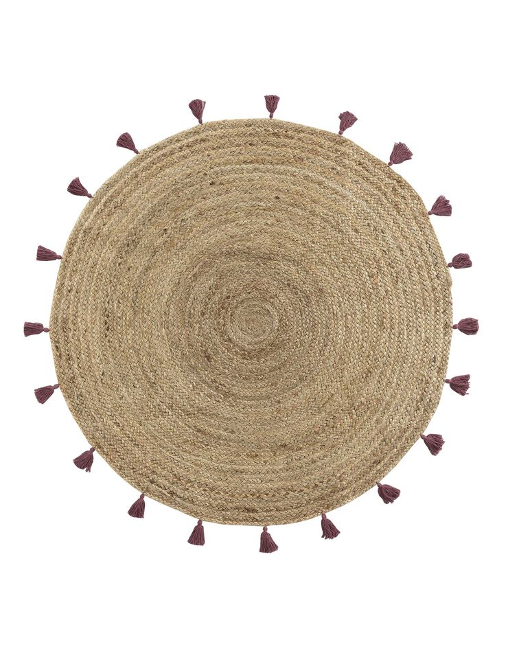 Tapis jute finition pompons - rond (bordeaux) Tapis jute finition pompons - rond (bordeaux)