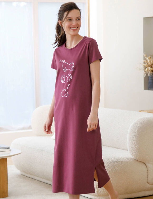 Chemise de nuit longue manches courtes, imprim&eacute; chat - lot de 2 (prune + rose)