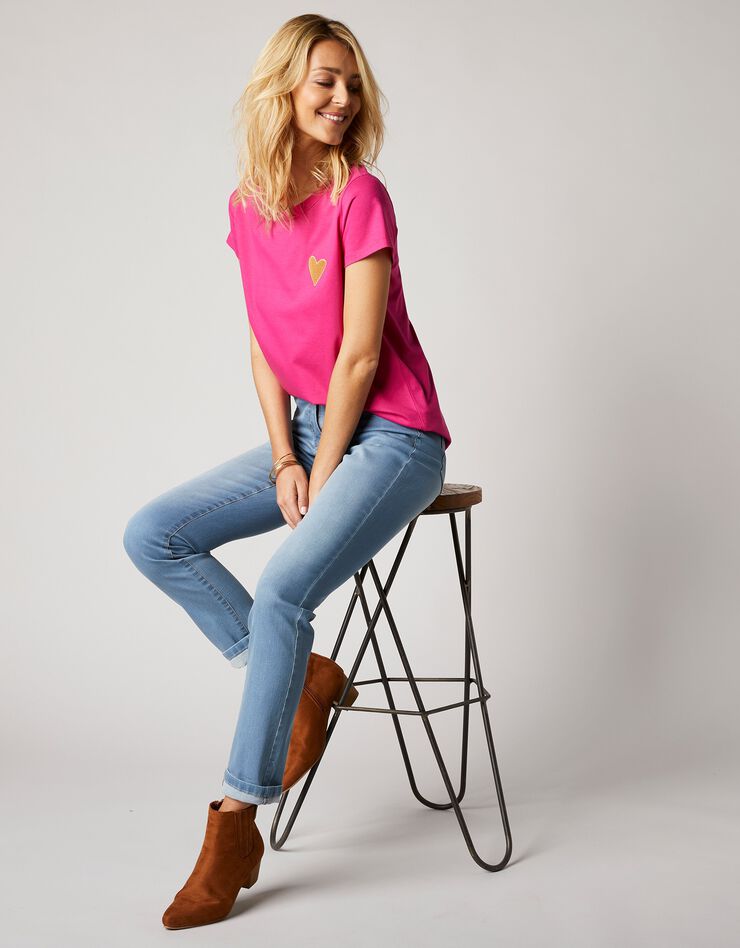 Tee-shirt uni broderie coeur manches courtes (rose)