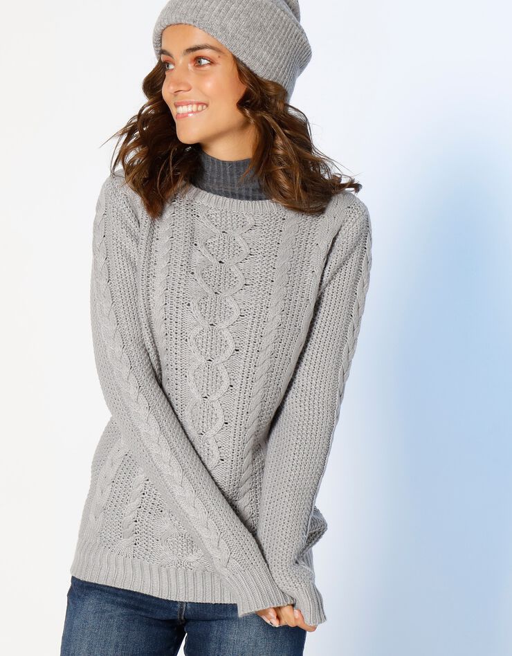 Pull col rond, maille torsadée (gris) Pull col rond, maille torsadée (gris)