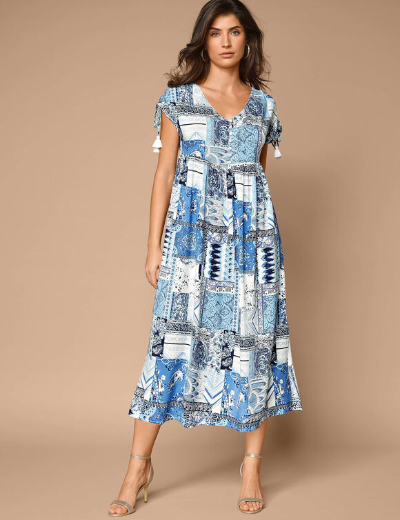 Robe mi-longue imprimée, manches courte (bleu / blanc)