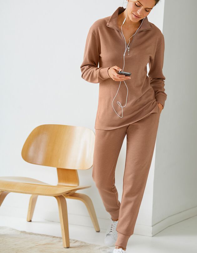 Sweat en molleton col montant zippé (caramel)