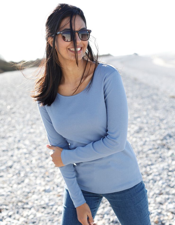 Tee-shirt uni manches longues jersey coton bio (bleu grisé) Tee-shirt uni manches longues jersey coton bio (bleu grisé)