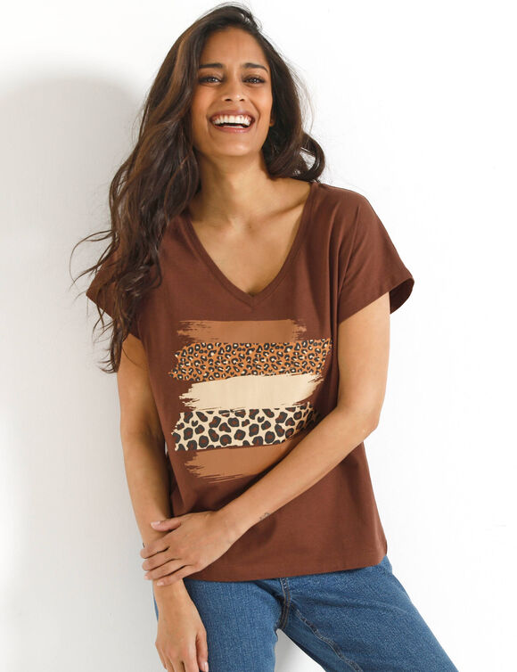 T-shirt col V imprim&eacute; l&eacute;opard dor&eacute;, coton (chocolat / noisette)