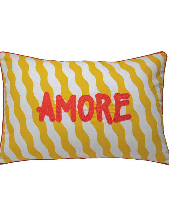 Coussin rectangulaire brod&eacute; Amore (jaune / blanc)