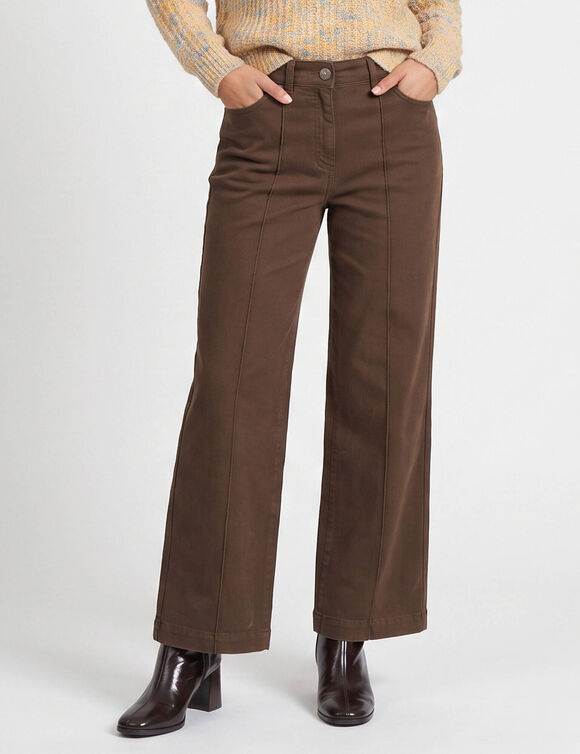 Pantalon large d&eacute;tails plis piqu&eacute;s, petite stature (chocolat)
