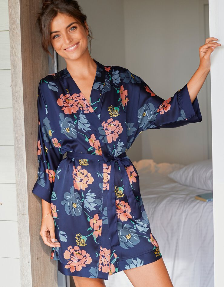 Kimono court satin imprimé floral (marine / corail)