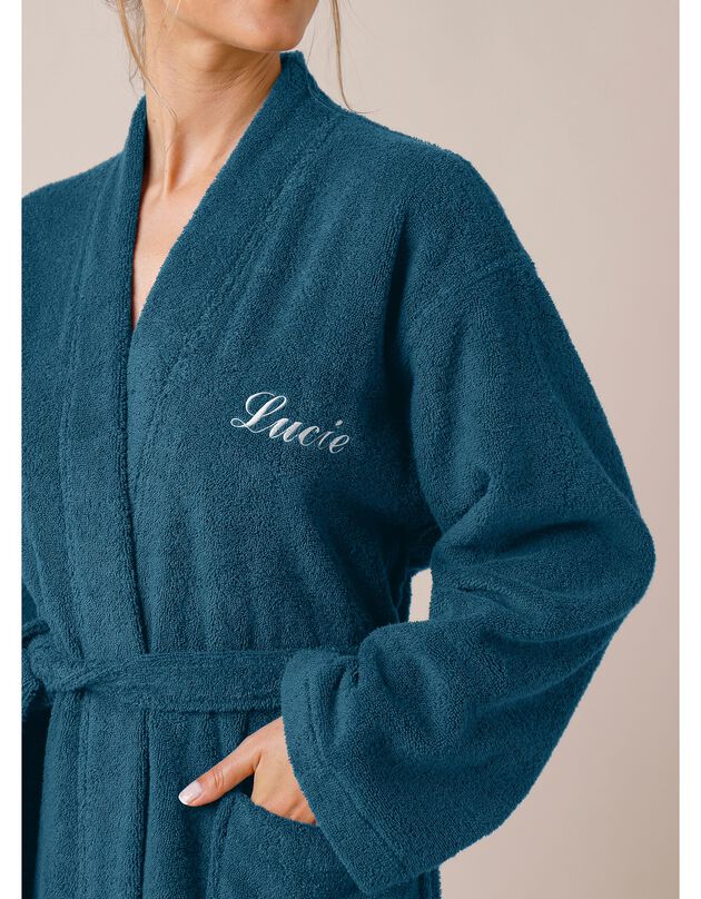 Peignoir mixte adulte uni coton éponge bouclette col kimono personnalisé (bleu paon)