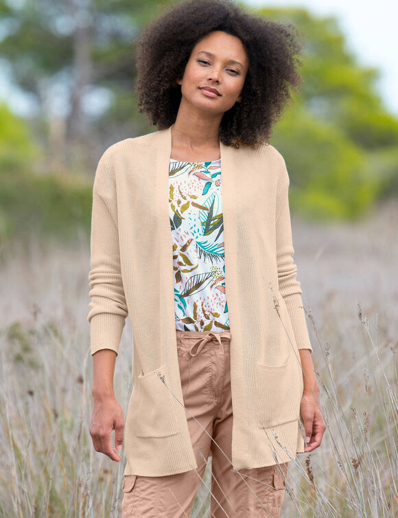 Gilet long porter ouvert, 2 poches, maille anglaise (beige)