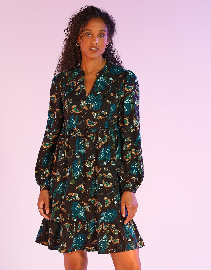 Robe courte imprimée smockée (noir / vert)